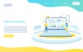 Web analytics landing page vector template. Big data analysis website design layout. People with laptop graph and charts