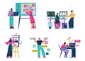 Web, app development vector set, software developer working with computers, programmer engineering and coding interface