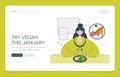 Web app landing  happy woman starts a vegetarian diet in January. The concept of veganism, Veganuary annual challenge encouraging Royalty Free Stock Photo