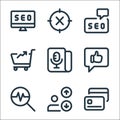 web apps seo line icons. linear set. quality vector line set such as cit card, multi line, traffic, social media, microphone,