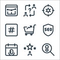 Web apps seo line icons. linear set. quality vector line set such as search, rating, event, secure, marketing, hashtag, setting,
