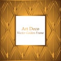 Art Deco golden rhombuses pattern frame. Square frame with white place for your text. Gold pattern on a gold background.