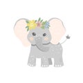 Elephant decorated with a wreath of flowers.