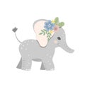 Baby elephant decorated with a wreath of blooming flowers