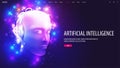 Web banner with artificial Intelligence computer database concept with neural network in form of cybernetic face.