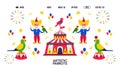 Web banner for artistic parrot, zoo circus with bird, clown vector illustration. Male character near circus tent. Web