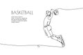 Web banner basketball player throws the ball into the basket one line art. Continuous line drawing of promotion poster