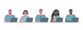 Web banner of call center workers. Young men and women in headphones sitting at the table on a white background Royalty Free Stock Photo