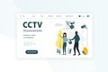 Web banner. CCTV.Video surveillance. Remote control. A street cctv camera captures a man in the mask stealing a woman's