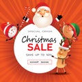 Web banner for Christmas sale. Elegant background. Santa claus, Snow man, elf and Riendeer on red background Royalty Free Stock Photo