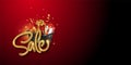 Web banner for the Christmas sale. Festive background with red and white gift boxes, confetti, streamers, gold lettering sale. Royalty Free Stock Photo