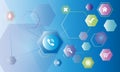 web banner communication in the network on a blue background, interaction icons,