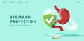 Web banner with 3d illustration of stomach protection with medicine pills and shield icon