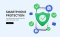 Web banner with 3d render illustration od a smartphone with protection shield and padlock. User data protection. Mobile.