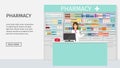 Web banner design pharmacy interior with pharmacist. Drugstore interior with text. Vector illustration