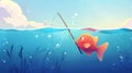 This is a web banner for a fishing cartoon landing page. A cute fish looking on a hook underwater in the sea, catching Royalty Free Stock Photo