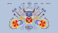 Web banner flat knight tournament, chivalric sword, shield, helmet, axe, mace vector illustration. Contact us, about us Royalty Free Stock Photo