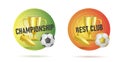 Web banner with fottball tournament 3d golden attributes like ball, golden boot and horn, first place cup