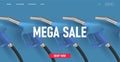 Web banner for gas station landing page with 3d illustration of gas nozzle and mega sale discounts promo, blue plastic