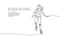 Web banner with girl rollerblading one line art. Continuous line drawing of promotion poster sports, training, sport