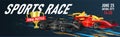 Web banner with illustration of three super cars sport bolide in speed motion for golden cup, championship tournament