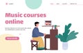 Web banner interface of online music courses, flat vector illustration.