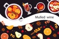 A web banner with mulled wine.Mulled wine in a mug, glass, saucepan.Spices and fruits for mulled wine.