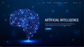 A web banner with a neon halogen brain from neural networks for artificial intelligence AI in blue with text