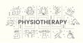 Web banner physiotherapy with illustrations of massage and various physical exercises on the fitball, with dumbbells