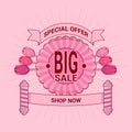 Web banner, pink light colors, flat style,scroll,flowers.