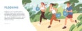 Web banner about plogging with people jogging and picking garbage into trash bags. Men and women running and cleaning