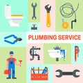Web banner of plumbing services set vector illustration. Professional plumber man with tool case and plunger is