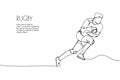 Web banner rugby player with ball, forward one line art. Continuous line drawing of promotion poster american football