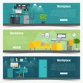 Web Banner set Office workplace interior design Graphic . Business objects, elements and equipment. Flat Illustration Royalty Free Stock Photo