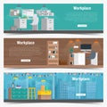 Web Banner set Office workplace interior design Graphic . Business objects, elements and equipment. Flat Illustration Royalty Free Stock Photo