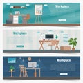 Web Banner set Office workplace interior design Graphic . Business objects, elements and equipment. Flat Illustration Royalty Free Stock Photo