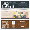 Web Banner set Office workplace interior design Graphic . Business objects, elements and equipment. Flat Illustration Royalty Free Stock Photo