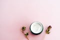 Web banner. Skin cream and dry flowers, leaves. White table background. Organic cosmetics, spa concept. Empty space, flat lay, top Royalty Free Stock Photo