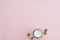 Web banner. Skin cream and dry flowers, leaves. White table background. Organic cosmetics, spa concept. Empty space, flat lay, top Royalty Free Stock Photo