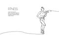 Web banner with sports girl with dumbbells in full growth one line art. Continuous line drawing of promotion poster