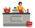 Web banner of a supermarket cashier. Cute plump woman is standing near the cash register Royalty Free Stock Photo