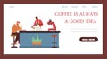 Web banner template with barista serving customer, flat vector illustration.