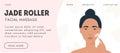 Web banner template for facial massage. Natural pink rose quartz stone roller. Woman massaging her skin. Face lifting