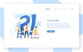 Web banner template with giant question mark and interrogation point and tiny people. FAQ, customer guide, user manual