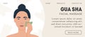 Web banner template for gua sha facial massage. Woman massaging and scraping her skin. Natural green jade guasha stone