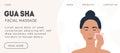 Web banner template for gua sha facial massage. Woman massaging and scraping her skin. Natural pink rose quartz stone