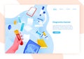 Web banner template with hand holding test tube with blood, medical laboratory tools and place for text. Colored vector