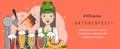 Web banner template for oktoberfest celebration with linear trendy modern flat illustrations. Cute german girl waitress wit