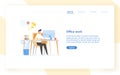 Web banner template with programmer or coder sitting at desk and working. Office work in software development