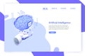 Web banner template with robotic hand holding brain and place for text. Artificial intelligence, smart robot, science